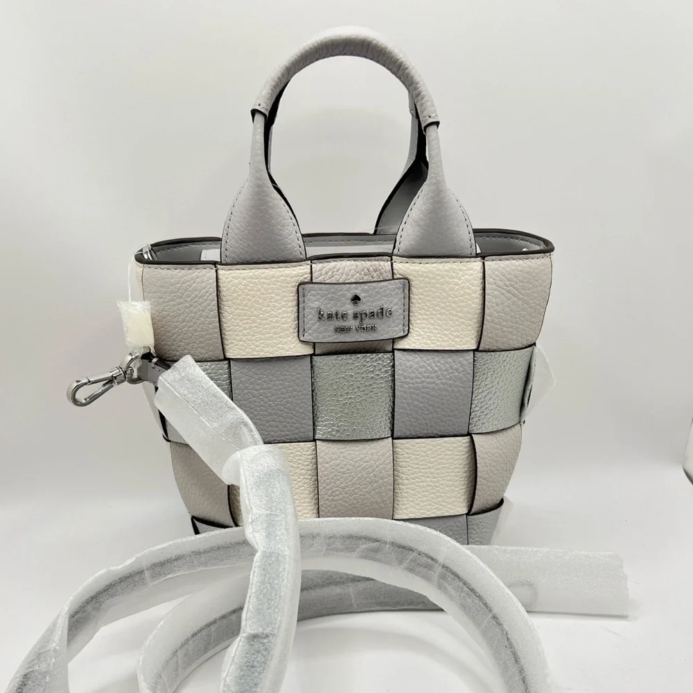 NWT Kate Spade Basket Woven Leather Metallic Mini Tote Crossbody Platinum Grey